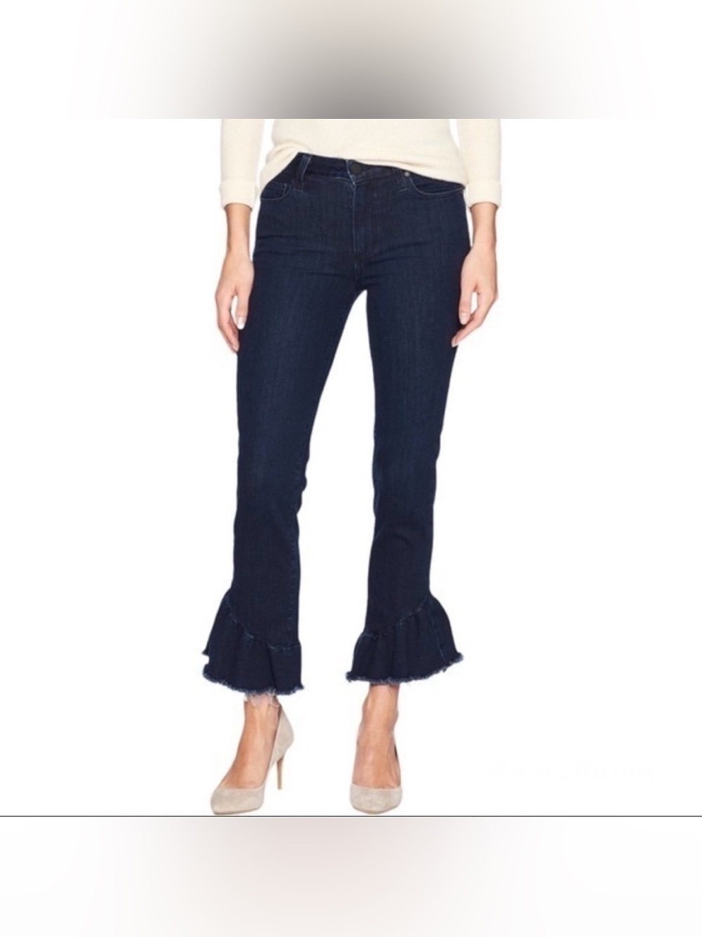 PAIGE Flora Ruffle Hem Crop Straight Leg  Denim Jeans-Dark wash- 27